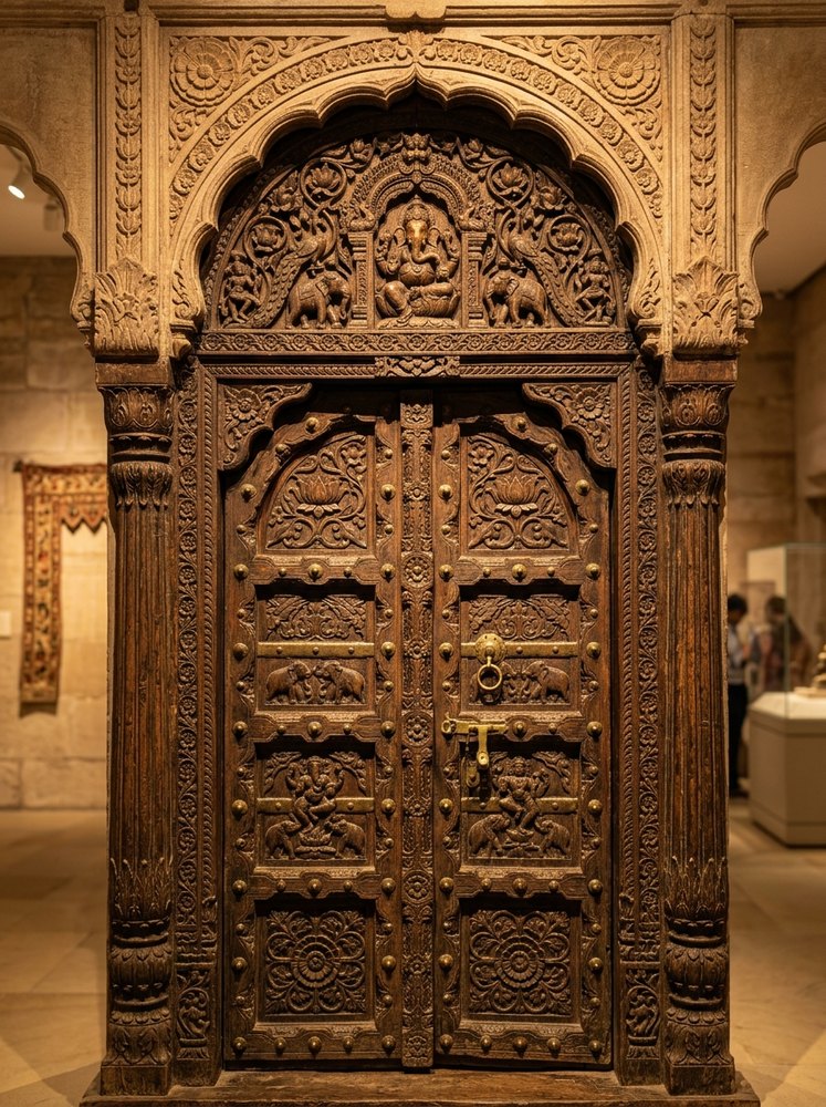 Hand-carved antique heritage temple doorway